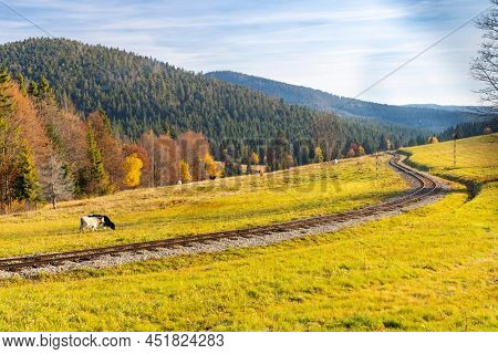 autumn landscape with forest railway near saddle Beskyd in Slovakia