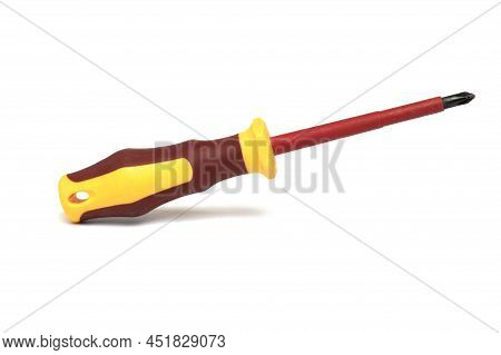 Close Up Of Yellow Professional Large Massive Cross Screwdriver With Plastic Insulated Shaft And Han