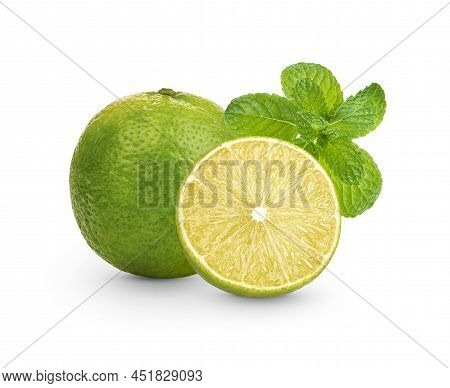 Fresh Lime Sliced With Mint Leaf Isolated On White Background