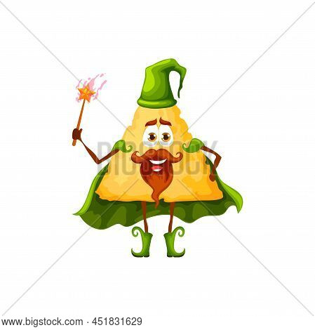Cartoon Mexican Nachos Wizard Character, Magician Or Sorcerer With Magic Wand, Vector Kids Personage