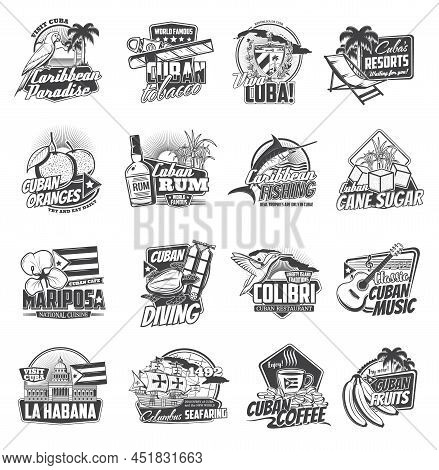 Cuba Isolated Vector Icons Of Cuban Travel And Tourism Design. Maracas, Cigar, Rum And Guitar, Palm 