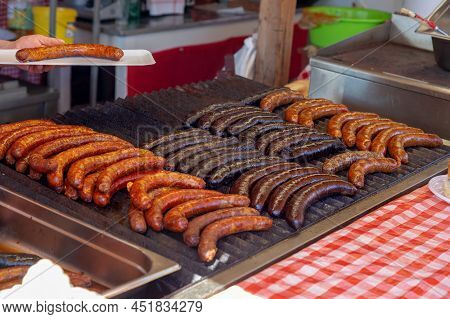Many Traditional Sausages In A Hungarian Agriculture Fair In Kaptalantoti