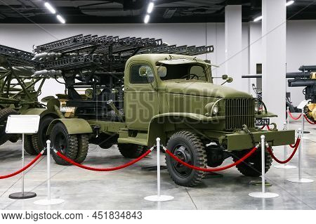 Verkhnyaya Pyshma, Russia - October 26, 2021: Soviet Multiple Rocket Launcher Bm-8-48 Katyusha Mount
