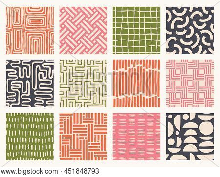 Set Aesthetic Contemporary Printable Seamless Pattern With Abstract Line Brush Stroke Shapes And Lin