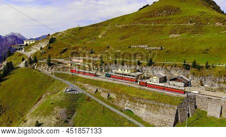Popular Tourist Hotspot In The Swiss Alps Called Schynige Platte Mountain - Aerial View