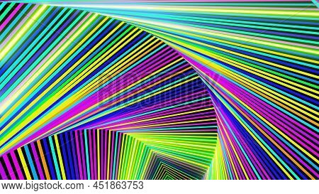 3d Render. Abstract Geometric Bg With Rings Form Complex Twisted Spiral And Light Effects. Rings Fla