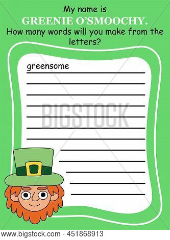 Anagram Word Game Activity Page In English For Patricks Day Vector Illustration