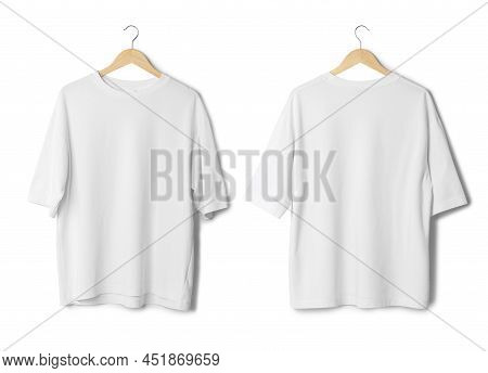 White Oversize T Shirt Mockup Hanging Isolated On White Background With Clipping Path.