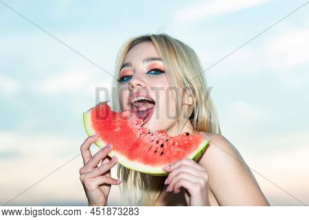 Beautiful Young Woman With Watermelon. Summer Taste. Cheerful Young Woman Holding Slice Of Watermelo