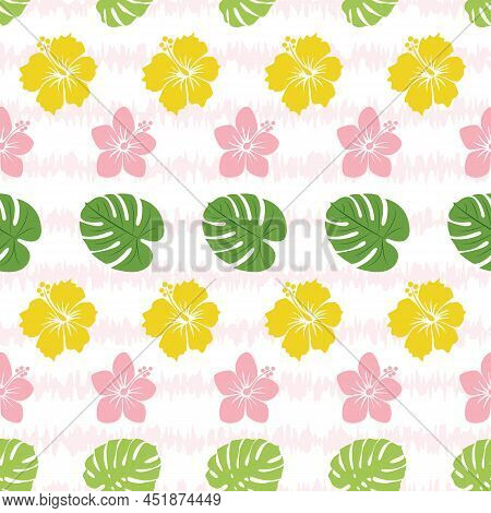 Vector Hibicus Yellow And Pink Flowers With Plam Leaves Seamless Pattern Background