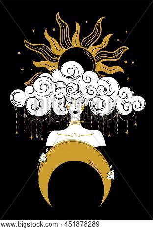 Mystical Lady Holding A Crescent Moon In Her Hands, Illustration For Tarot, Astrology, Fortune Telli