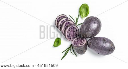 Raw Cut Purple Sweet Potatoes Isolated On White Background. Ipomoea Batatas. Batata Potato. Long Ban