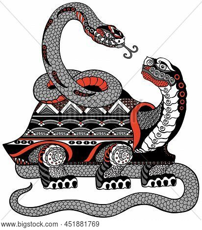 A Tortoise Or Turtle Entwined Together With A Snake. Mythological Creature Genbu. Isolated Vector Il