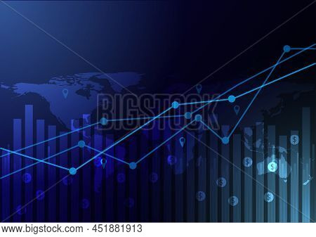 Business Stick Graph On World Map Background. Chart Of Global Marketing Investment Trend Vector Illu