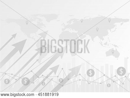 Business Arrow And Stick Graph On World Map Background. Chart Of Global Marketing Investment Trend V