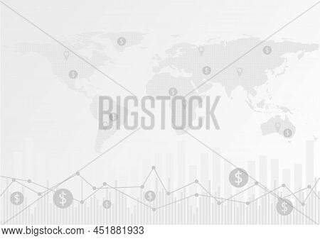 Business Arrow And Stick Graph On World Map Background. Chart Of Global Marketing Investment Trend V