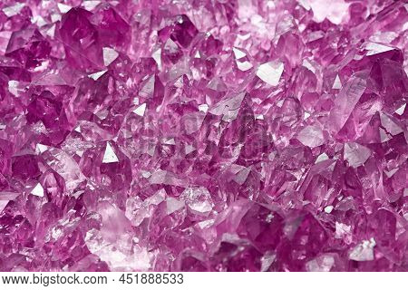 Cluster Of Purple Quartz Mineral Crystals (chemical Composition Sio2) Close Up Background Texture, H