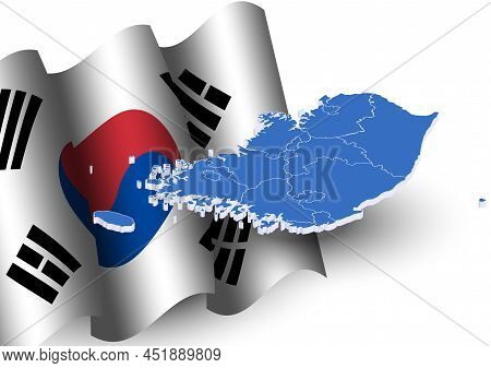 Korea Wavy Flag With Isomatric Map Vector Illustration. South Korea Traditional Isolated Symbol.