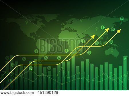 Business Arrow And Stick Graph On World Map Background. Chart Of Global Marketing Investment Trend V