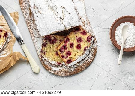 Dough Cake With Berries For Dessert, Cupcake Sweet Bread With Cherries, Homemade Sponge Cake Or Chif