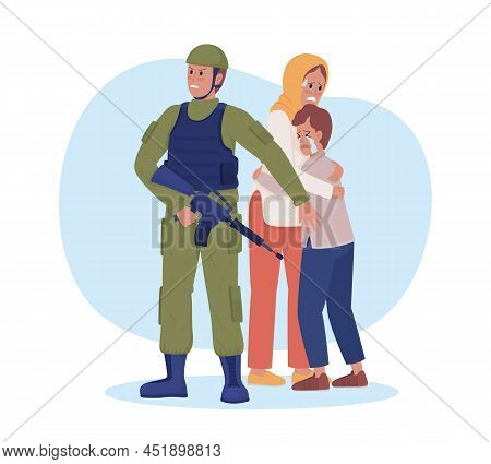 Militant Protecting Scared People 2d Vector Isolated Illustration. Citizens In Danger Flat Character