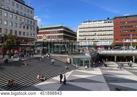 Stockholm, Sweden - August 23, 2018: People Visit Sergels Torg Square In Norrmalm District, Stockhol