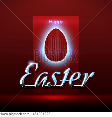 Happy Easter. Easter Card In Auto Show Style. Shiny Chrome Logo On A Red Background, Glowing Egg Out