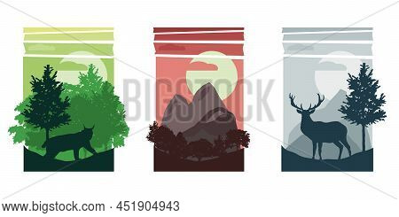 Set Of Abstract Banners Of Wild Animals In Hills Of Forest With Trunks Of Trees In Different Colors 