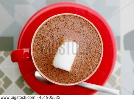 Top View Of A Cup Of Mouthwatering Hot Chocolate With Marshmallow