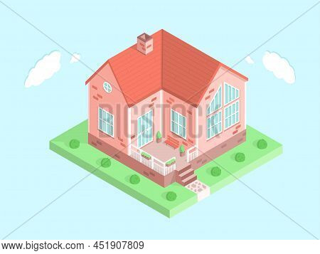 3d Concept Of A Private Home. Cute Family House In Isometric View. Beautiful Vector Illustration.