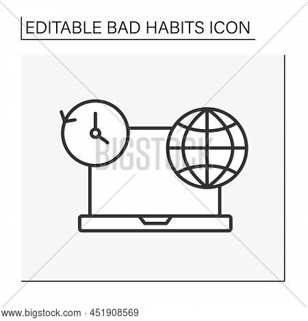 Internet Addiction Line Icon. Social Networks Dependence. Sitting Near Laptop Days And Nights. Bad H