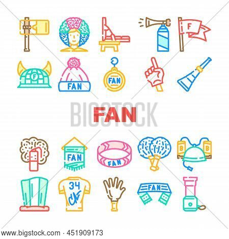 Sport Fan Supporter Accessories Icons Set Vector. Sport Fan Scarf And Bracelet, Helmet With Beer Bot