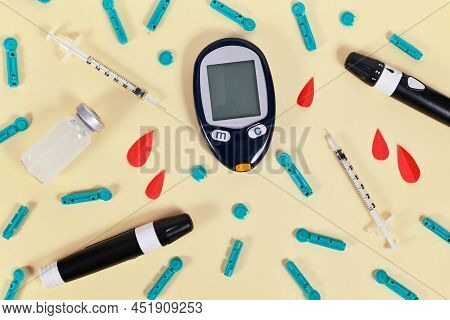 Diabetes Treatment Equipment With Blood Glucose Sugar Meter, Lancets, Insulin Vial And Syringes