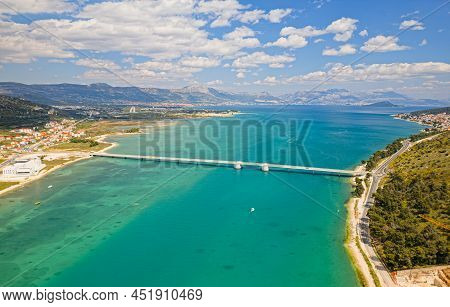 Aerial Top View Of A Long Bridge Above A Sea, Island Ciovo In Croatia