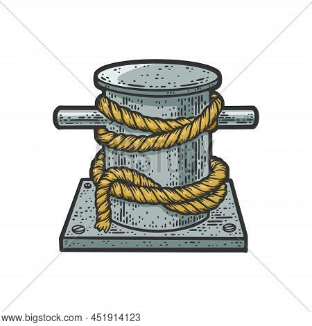 Mooring Bollard Bitt With Rope Color Sketch Engraving Vector Illustration. T-shirt Apparel Print Des