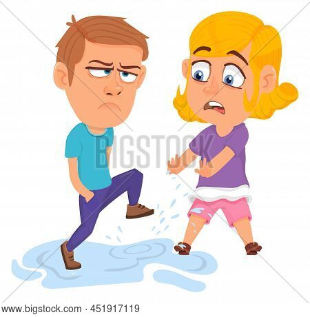 Boy Stomping In Puddle And Making Splash. Kid Bad Behavior