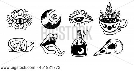 Mystical Trippy Isolated Cliparts Bundle, Goblincore Aesthetics, Mystical Moon, Evil Eye, Crow Skull