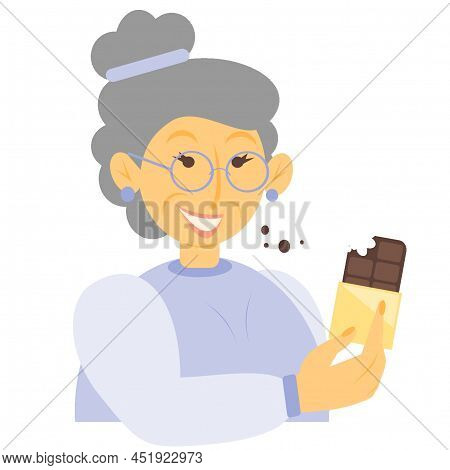 A Woman In A Blue Dress Is Eating A Chocolate Bar