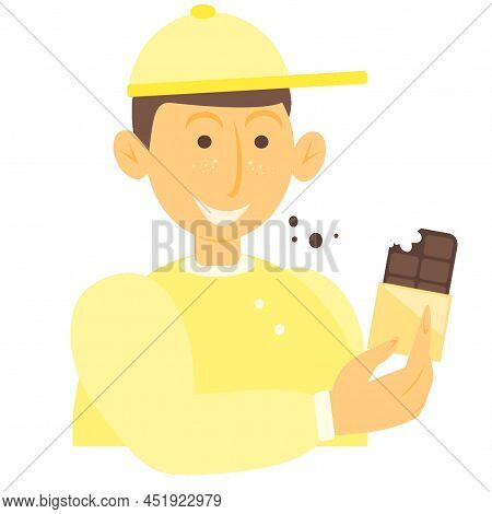 The Guy In The Yellow Cap Is Eating A Chocolate Bar