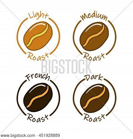 Coffee Roast Quality Label Set, Sticker Element. Isolated On White Light, Medium, French, Dark Caffe