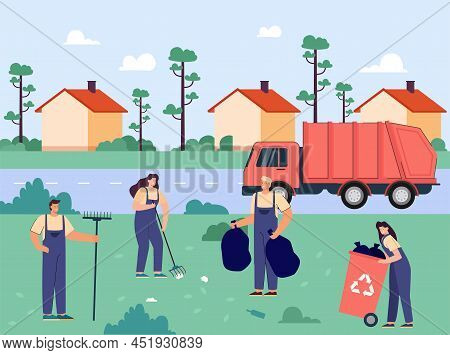 Cartoon Street Cleaners Working Near Road. City Landscape With Janitors Or Sweepers Gathering Trash 