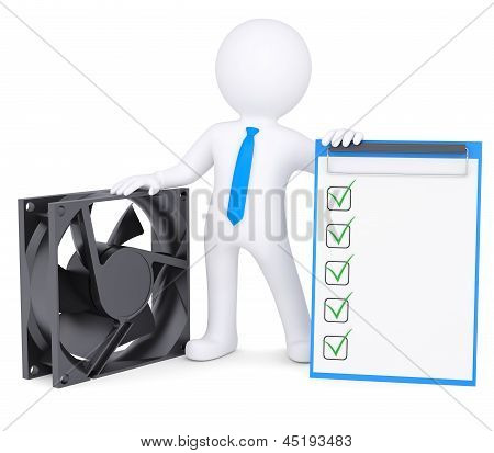 3D muž vedle počítače ventilátoru