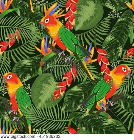 Seamless Vector Floral Summer Pattern Background With Tropical Palm Leaves And Parrot. Vector Textur