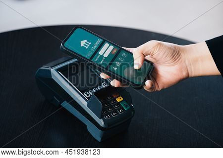 Secure Payment Technology Concept And Service Charge, Customers Are Using Their Phone To Pay Using P