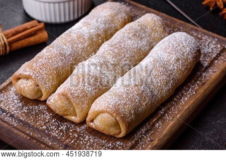 Delicious Fresh Sweet Vertuta With Apple. Homemade Pastries