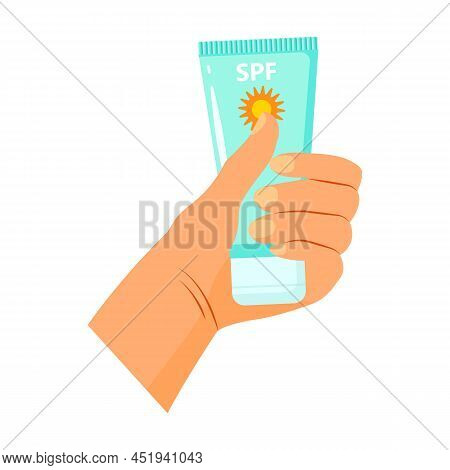 Hand Holds Tube Of Blue Sunscreen. Lotion For Uv Protection In Summer.