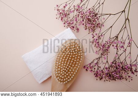 Wooden Body Massage Brush On A Pink Backgorund. Scin Care Concept