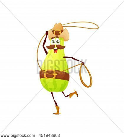 Cartoon Cowboy Zucchini Character, Vector Vegetable Ranger Personage Spinning Lasso. Funny Cheerful 