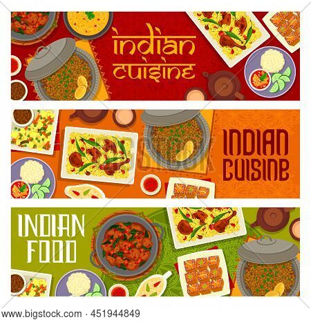 Indian Cuisine Meals, Restaurant Menu Dishes Banner. White Gravy, Masala Tea And Pumpkin Ginger Cake