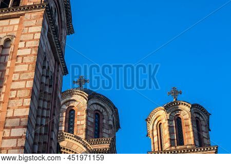 Close Up Of The Towers Of Church Of Saint Mark, Also Called Crkva Svetog Marka With Its Typical Orth
